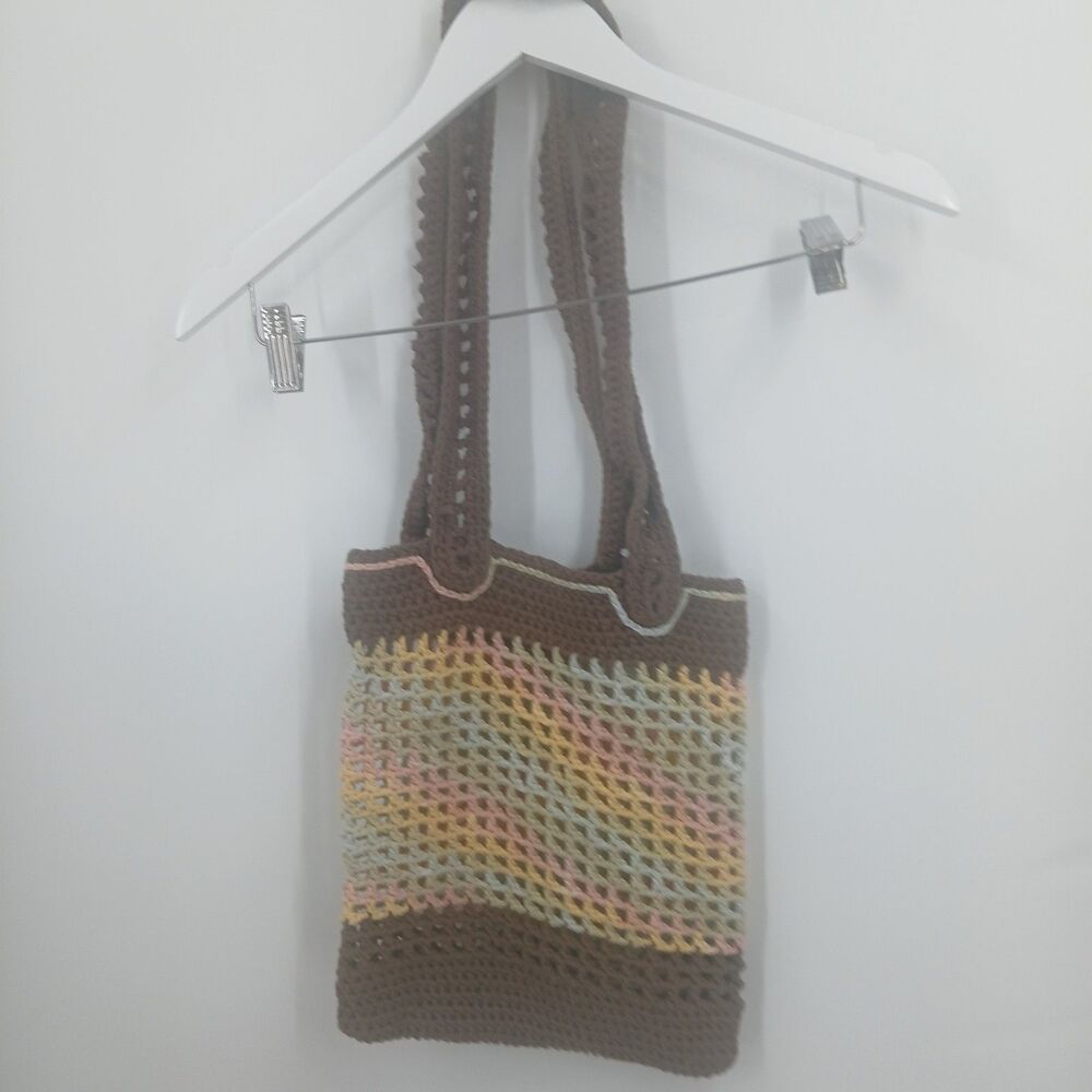Handmade Earth Tone Knit Crochet Shoulder Bag Boho Stripe Tote Purse